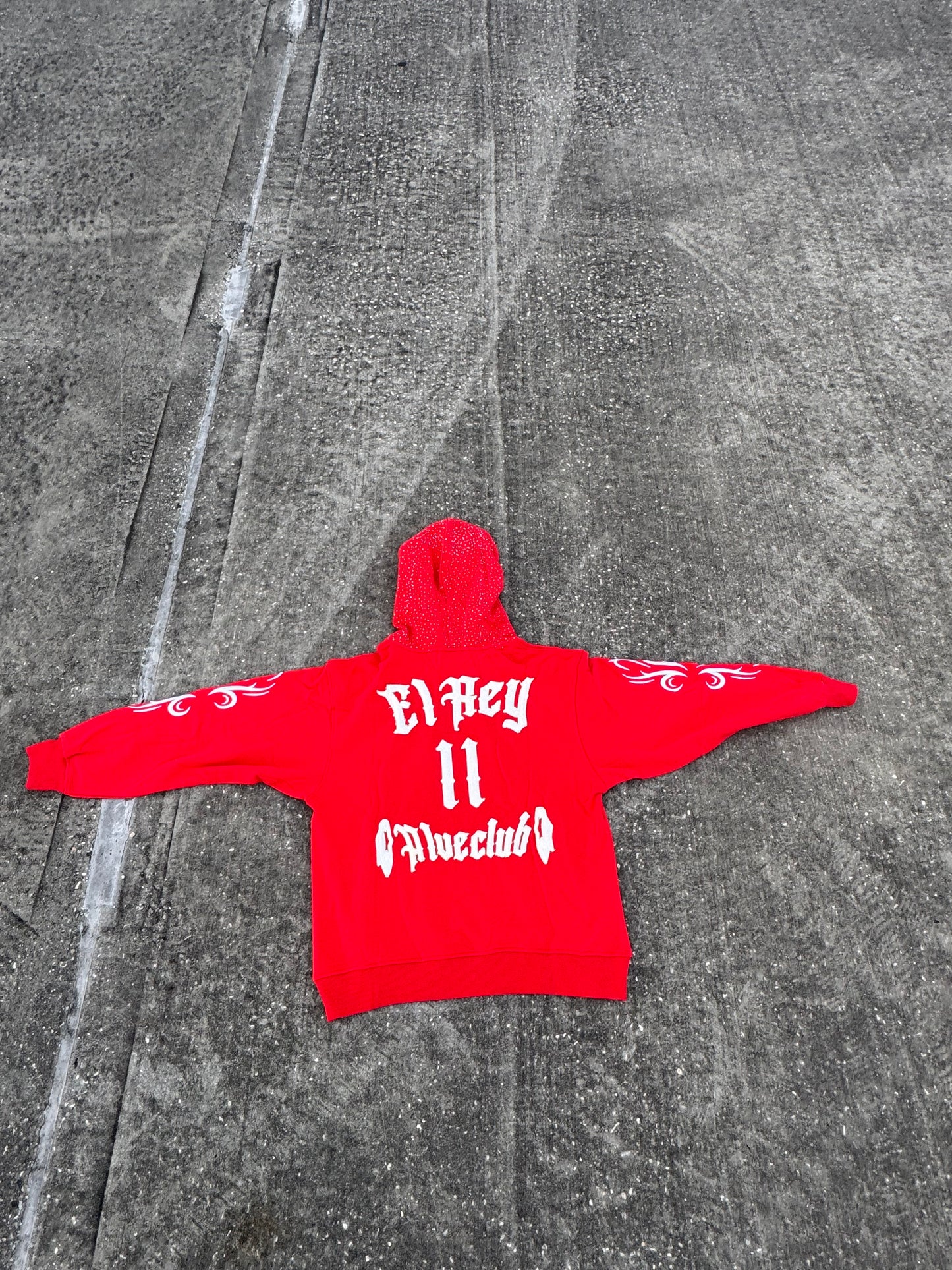 Red Hoodie With Rhinestones On The Hood