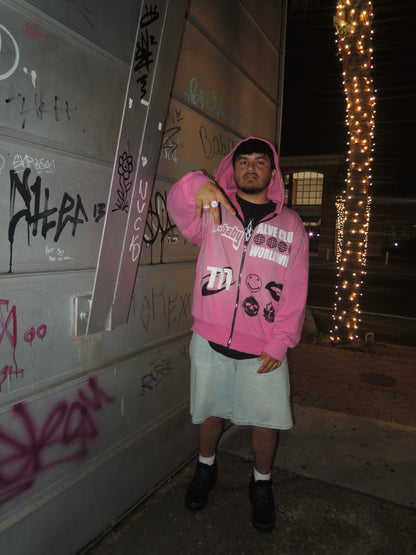 Pink Puff Print Zip Up With Rhinestones On Hood