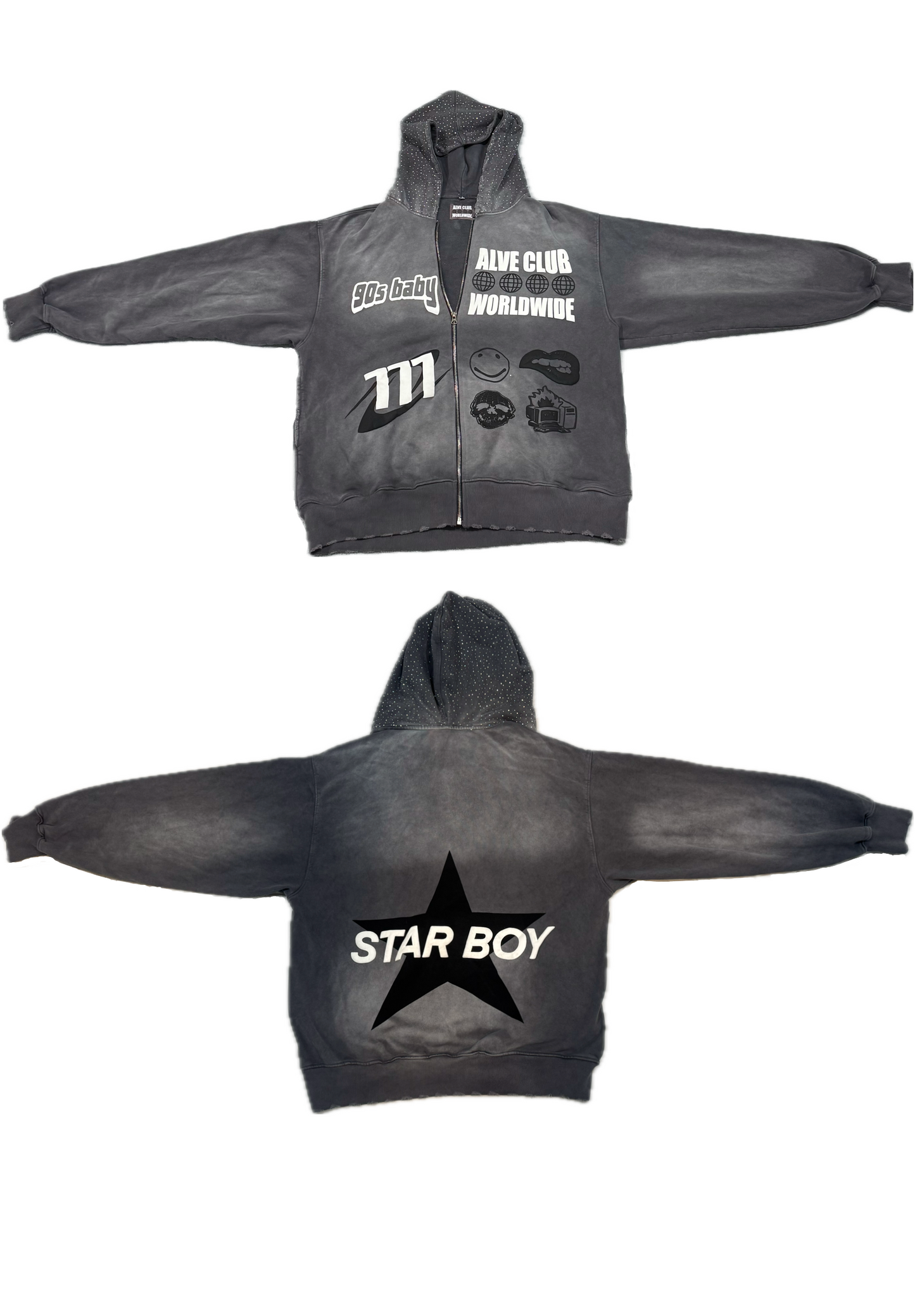 Puff Print Zip Up With Rhinestones On Hood