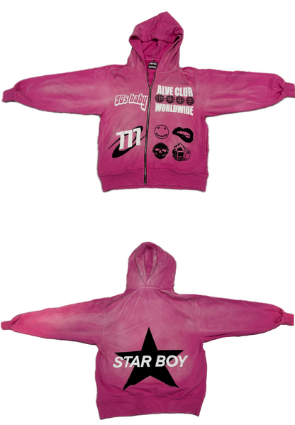 Pink Puff Print Zip Up With Rhinestones On Hood