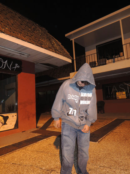 Puff Print Zip Up With Rhinestones On Hood